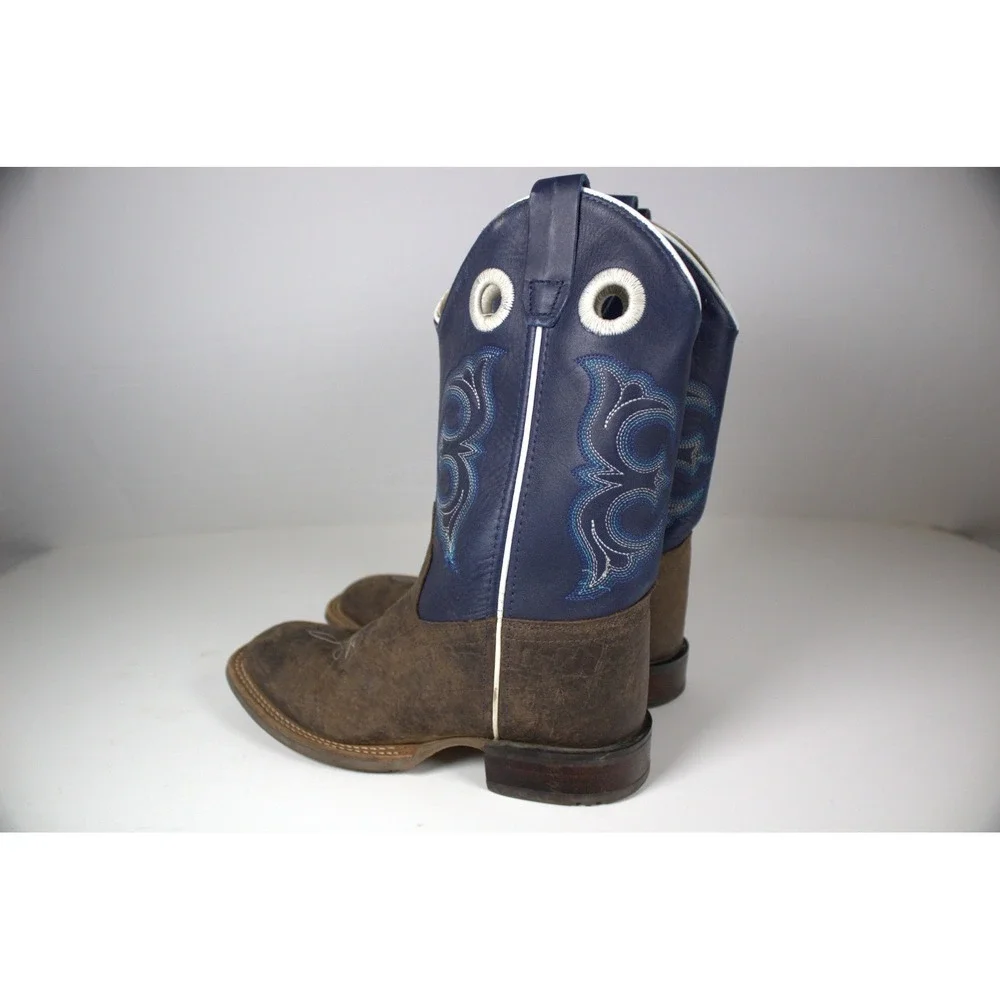 Old West Youth 3 D Western Boots Broad Square Toe Brown Blue Leather Cowboy